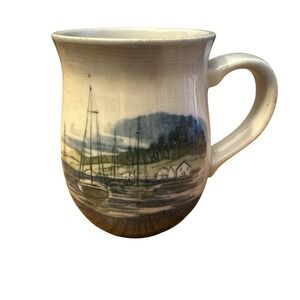 Vintage Otagiri Japan Stoneware Mug Sailboat Coastal Scene